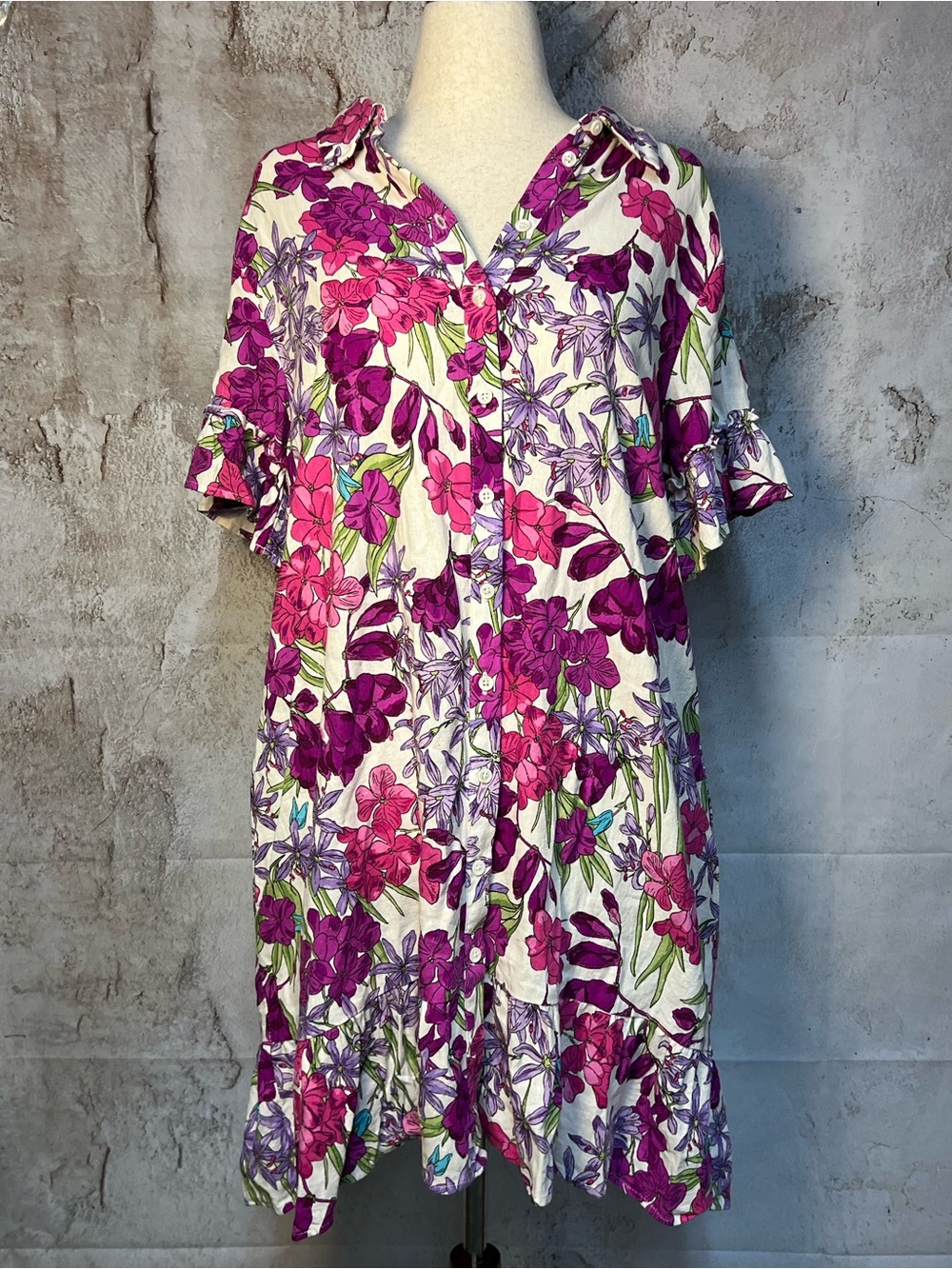 London Times XL Floral Linen Blend Button Front Midi Dress